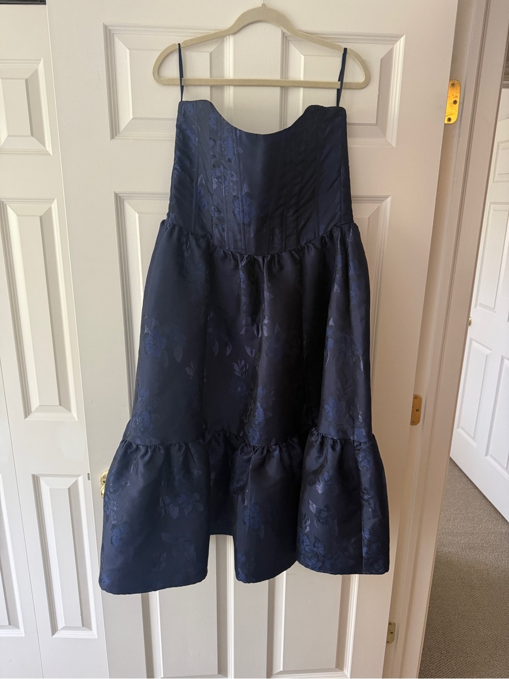 V. Chapman Navy Blue Strapless Floral Jacquard Dress